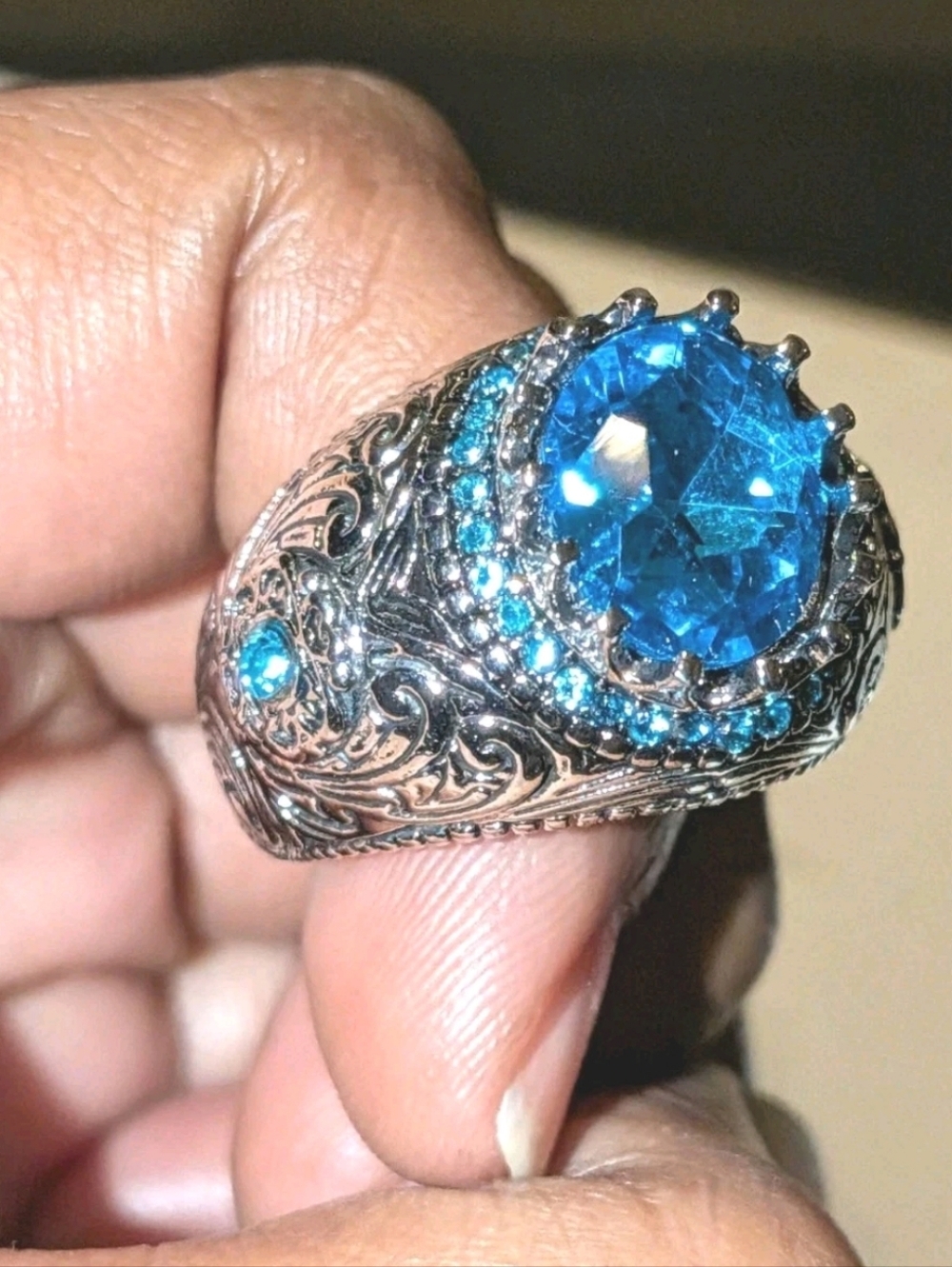 Men's Turkish Vintage Style Ring Silver Plated 5 Ct Lab-Created Sapphire Sz 10